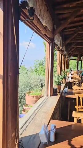 The video shows an exterior view from a wooden structure overlooking a panoramic landscape. The scene is brightly lit by the sun under a clear blue sky with a few sparse white clouds. In the foreground, there are wooden pillars and a wooden railing, suggesting a porch or balcony. To the left, a tall wooden pillar obscures part of the view. Below the railing, there are several terra cotta pots with green plants. Beyond the immediate foreground, a lush green hillside with numerous olive trees slopes downwards. In the distance, a sprawling city with buildings and roads is visible under a slight haze, extending towards distant mountains or hills on the horizon. The camera slowly pans from right to left, revealing more of the expansive view.