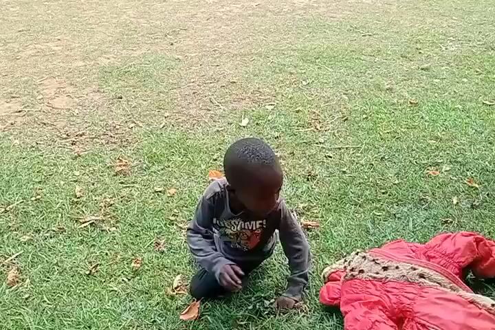 A young child is outside, playing on the grass. The child is wearing a dark long-sleeved shirt and dark pants. Initially, the child is seen kneeling, reaching for a red object on the ground. The child then stands up, holding a small green item, and then sits on the grass, looking toward the camera. A pair of bare feet, presumably belonging to an adult, are visible in the foreground. The ground is a mix of green grass and some bare patches of dirt. A pair of sandals is visible on the ground near the child.