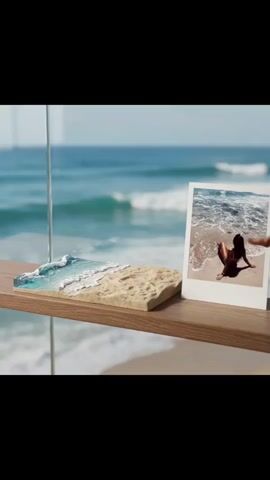 A hand places a miniature figurine of a woman in a bikini onto a diorama of a sandy beach with waves. To the right of the diorama, a polaroid-style photo of a woman in a similar pose is propped up. The diorama and photo sit on a wooden shelf in front of a blurred background of the ocean and sky.