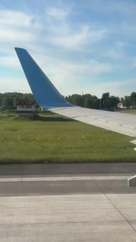 The video shows the exterior of an airplane wing while the plane is moving on a runway. The wing is primarily white with a blue winglet. The camera is inside the plane, looking out. Adjacent to the runway is a grassy area with yellow flowers, some dark green shrubs, and several trees in the distance. The sky is blue with some wispy clouds. At 0:01 a small green figure walks across the grass. The plane continues to move.