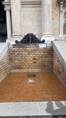 Ornate fountain and stone lion sculpture documented in Budapest
