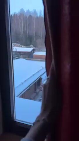 The video begins with a view from inside a room looking out a window. A red curtain partially obscures the right side of the frame. The window reveals a snow-covered landscape. Several buildings with snow-covered roofs are visible, along with trees and a forest in the background. The sky is a light blue. The camera slowly pans from right to left to show more of the landscape. In the background, other houses are visible. A few evergreen trees are also present.