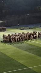 Large uniformed assembly holds formation at a sports facility