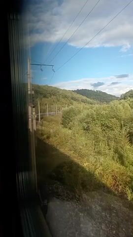 This is a video taken from a moving train, looking out of the window. The view is of a rural landscape with rolling green hills covered in trees and bushes. A railway track runs alongside the train, and there are overhead power lines and a traffic signal visible. The sky is blue with some white clouds. The train is passing by a concrete pole with the number 206 on it.