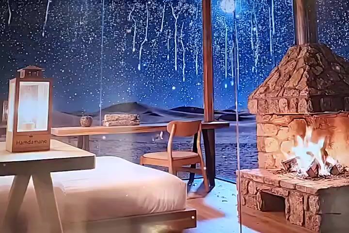 The video shows a bedroom with a bed, a desk, a chair, a lantern, and a fireplace. The walls of the room appear to be made of glass, and through them, a desert landscape with sand dunes can be seen under a starry night sky. There is a full moon visible in the sky. The fireplace is lit and burning brightly, casting a warm glow on the room. The overall atmosphere is cozy and inviting.