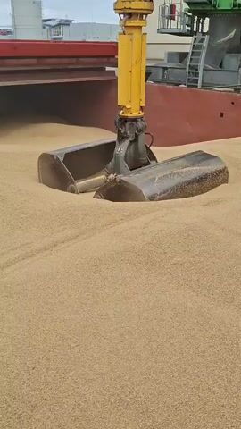 The video shows a large mechanical scoop inside a boat or container filled with grains. The scoop is yellow on top and silver at the bottom. It lowers into the grains, scoops them up, and lifts them back up, allowing the grains to fall back into the surrounding mass. The scoop is operated by a crane or similar machinery, and the surrounding environment includes parts of the vessel or container holding the grains, as well as glimpses of buildings in the background. The sky is overcast.