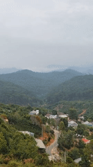 Rural Vietnamese village displays traditional carp streamers amid mountain scenery