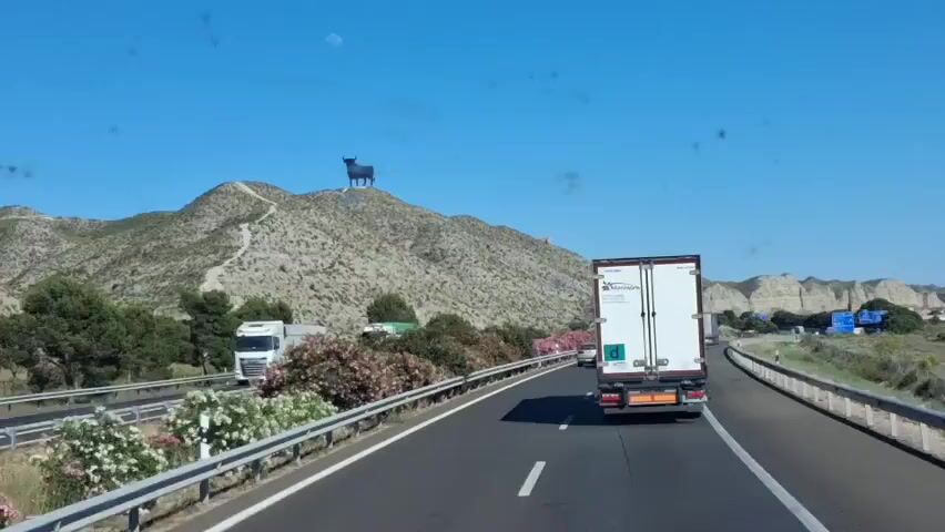 A car drives down a highway on a sunny day. There are at least two trucks on the highway. The vehicle recording the video is behind the trailer of one of the trucks. On a hill next to the highway is a very large black bull statue. There is a winding dirt path up the hill to the statue. The sky is blue and clear.