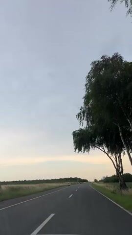 The video shows a view from a car driving on a paved road. The road is bordered by fields of grass and trees. The sky is overcast with some patches of lighter sky visible near the horizon. The time stamp on the video indicates it was recorded on June 18, 2023, between 00:00 and 00:04. The video is shot from the perspective of the driver, with the steering wheel visible at the bottom of the frame. There are some vehicles visible in the distance on the road. A large tree with drooping branches is visible on the right side of the road. The overall scene depicts a rural landscape during what appears to be daytime, possibly dusk or dawn given the lighting conditions.