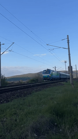 Rural Bulgaria evening scenes: train, jogger with dog, grazing horse