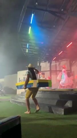 A person wearing a hat, a teal shirt, and tan shorts walks barefoot across a grassy area towards a stage. They are carrying a rectangular object, possibly a prop, on their back. The stage is lit by colored lights, and several people in dresses are dancing on it. A sign on the back wall reads "Teatro Las Palmeras." Smoke or fog is present in the air. The scene appears to be an outdoor evening performance.