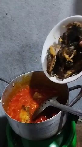 A person is adding food to a pot. The pot is sitting on a green plastic container, and inside the pot is a liquid with red and yellow components. From a white bowl, the person pours pieces of dark and light colored food into the pot. A silver spatula rests inside the pot, presumably used for stirring. The person then uses a pink lid to scrape the last bits of food from the bowl into the pot. The background is a plain gray wall.