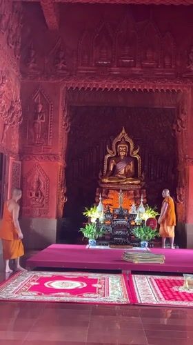 Buddhist shrine interior and ornate temple carvings, Ko Samui
