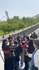 Women hold press conference on guarded stairs in Yerevan