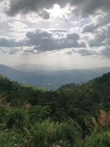The video is a landscape view of mountainous terrain. The foreground is dominated by lush green vegetation and tall grass. In the midground and background, layers of rolling hills and mountains recede into the distance, shrouded in atmospheric haze, giving the scene a sense of depth and distance. The sky above is cloudy, with sunlight filtering through in some areas, creating a diffused and soft lighting effect. The overall impression is one of a vast, natural landscape, likely taken from an elevated vantage point.