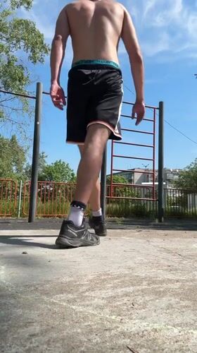 Man exercises at outdoor workout area in Ruse, Bulgaria