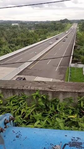 The video depicts a section of a highway bridge, viewed from a high vantage point behind a concrete wall covered with green vegetation. The highway is divided into multiple lanes, with vehicles traveling in both directions. The surrounding landscape consists of dense, green vegetation, including trees and foliage. The sky is overcast and grey. In the foreground, a blue metal pipe with rusty fittings is visible.