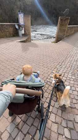 Woman with baby, corgi strolls cobblestone riverfront in Meisenheim