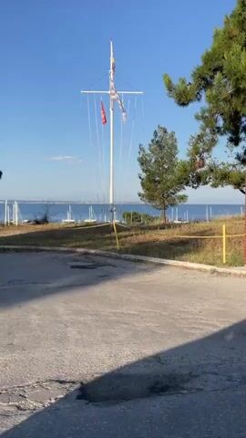 The video begins with a view of a brick pillar with graffiti on it, in front of a body of water. Trees are visible behind the pillar, with sailboats docked in the water. The camera then pans to the right, showing a sidewalk and a street. Several trees are visible, some with dry grass around them. The video continues to pan, showing more trees and foliage, as well as a street lamp and a few bollards along the sidewalk. A car's side mirror is visible in the bottom right corner of the frame, indicating the video is likely shot from inside a moving vehicle. The sky is clear and blue. The overall scene appears to be a coastal area with some signs of urban development, but also a lot of natural greenery. There are no people visible in the video.
