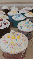 Easter Kulich cakes displayed with festive decorations observed