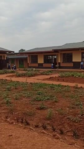The video shows a schoolyard with a red dirt ground and a few buildings. The buildings are single-story structures with yellow walls, brick accents, and gray roofs. The camera slowly pans from left to right.

In front of the main building are several small patches of vegetation. A few students wearing blue uniforms are visible outside, sweeping the area near the buildings. A water tank is positioned in the middle of the scene between two buildings. The sky is overcast.