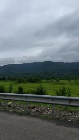 The video shows a view from a moving vehicle on a cloudy day. In the foreground, there is a road with a metal guardrail and some rocky terrain. Beyond the guardrail is a large, green grassy field with scattered trees. In the middle ground, a tall, metal power pylon is visible. The background consists of rolling, tree-covered mountains under a gray, overcast sky. The video captures the movement of the vehicle as it passes by the power pylon and continues towards the mountains.