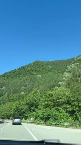 This is a first-person perspective video taken from inside a car as it drives along a winding road. The scene is a mountainous landscape, heavily forested with lush green trees that cover the slopes of the mountains. The sky is a clear, bright blue, indicating a sunny day with good weather.

The road itself appears to be a paved two-lane highway with white lane markings. There is a metal guardrail along the side of the road, and red and white warning signs are visible, indicating curves in the road ahead. A few other cars can be seen driving on the road, including a silver hatchback in front of the camera car.

The overall mood is one of peaceful travel through a scenic natural environment. The time of day appears to be midday, given the bright sunlight. The location cues, such as the type of trees, the road infrastructure, and the overall landscape, are consistent with a mountainous region in Bulgaria, as confirmed by the provided location context. There is no visible text within the video frames.