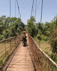 Motorcycle riders cross wooden suspension bridge in Battambang