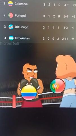 The video displays a split screen. The top half shows a scoreboard with national flags and statistics. Countries listed are Colombia, Portugal, DR Congo, and Uzbekistan. The bottom half features animated characters in a boxing ring. A male boxer with a determined expression and boxing gloves is depicted, his chest emblazoned with the flag of Colombia. Facing him is another animated figure, partially obscured, with a circular emblem of the Portuguese flag on their chest. This scene is overlaid by a screenshot of a graphic displaying "Portugal VS Croatia" with flags, suggesting a soccer match. In the foreground, a character resembling Peter Griffin from Family Guy stands behind a microphone, addressing an audience. Other animated characters are visible in the background, some with national flags displayed similarly to the boxers. The overall aesthetic suggests a humorous or satirical commentary on sports.