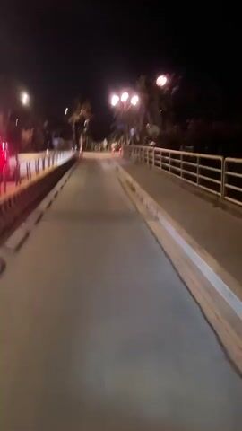 The video captures a perspective from someone moving forward on a pathway at night. To the left, there is a road with a vehicle having red taillights visible. A railing with yellow and black stripes separates the pathway from the road. Streetlights are present along the pathway, illuminating the scene with their warm glow. Palm trees line the right side of the pathway, and further to the right, there is a railing bordering the pathway. In the distance, a faint display of fireworks can be seen against the dark night sky. The pathway appears to be made of asphalt or a similar material, with white lines marking its edges.