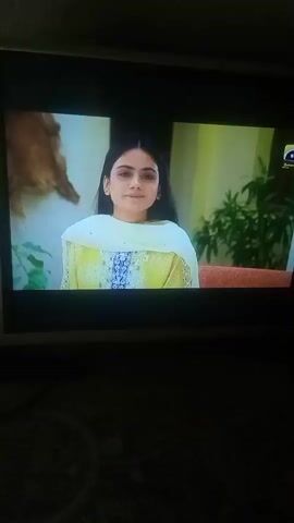 Here's a description of the video:

The video shows a television screen displaying a scene from a Pakistani drama. The first character shown is a man with a beard wearing a light brown shirt, smiling. He's situated against a backdrop of greenery. The scene then switches to a woman wearing a yellow and white traditional Pakistani outfit. She has a serious expression. The environment is also indoors with plants in the background. The video is shot in a dark room, focusing on the television screen.