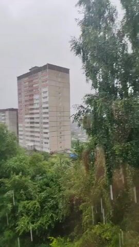 This is a first-person perspective video of a heavy rain shower. The camera is positioned near a window, with raindrops visible on the glass creating a blurred effect. In the background, a tall, multi-story apartment building with a light-colored facade and orange-red accents on its upper floors stands out. Adjacent to it, another similar building is partially visible. Dense green foliage, including trees and bushes, occupies the middle ground, obscuring parts of the buildings and the ground. The sky appears overcast and grey, indicative of the rainy weather. The overall scene suggests an urban or suburban environment experiencing inclement weather.