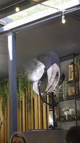 A misting fan is shown operating on a patio or outdoor seating area. The fan is black and has a large circular grille. It is emitting a fine mist of water. Behind the fan, there is a wooden slat wall and hanging greenery. In the foreground, two people are partially visible, seated at a table. The area appears to be covered by a roof or awning, with lights visible overhead.