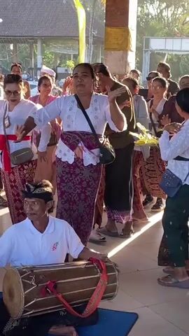 The video shows a group of people in what appears to be an outdoor cultural event. In the foreground, a man is seated and playing a traditional Balinese drum. He is wearing a white shirt with a red and green emblem on the left chest and a dark sarong. Behind him, several women are dancing. They are dressed in white blouses and patterned sarongs, and some are wearing headbands. Some of the women are holding offerings of flowers and leaves. In the background, more people are standing and watching, also dressed in traditional attire. The environment appears to be sunny with some architectural elements visible, including pillars and an arched entryway. The overall atmosphere suggests a lively cultural celebration or ceremony.