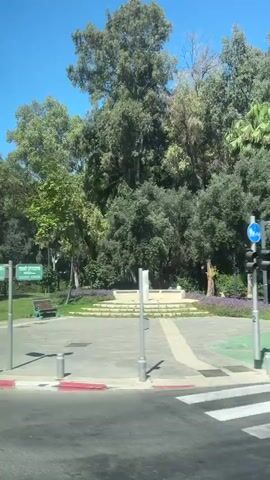 The video shows a green urban park on a clear, sunny day. The camera appears to be moving along a street adjacent to the park, capturing views of trees, grass, walking paths, and various structures within the park. 

The park contains a variety of trees including palm trees. There are signs, benches, and an elevated platform-like structure visible. Street furniture such as bollards line the road's edge, and utility poles and electrical equipment can also be seen.

There is a single person jogging in the distance. The video ends with a view of palm trees.