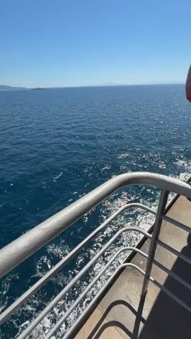 A video shows a bright, sunny day at sea. The camera is positioned on a boat, looking out at the vast blue ocean. The water is calm with small ripples. In the distance, a coastline with green hills and some buildings can be seen. The railing of the boat is visible in the foreground. The video is brief, capturing a scenic view of the sea and distant land.