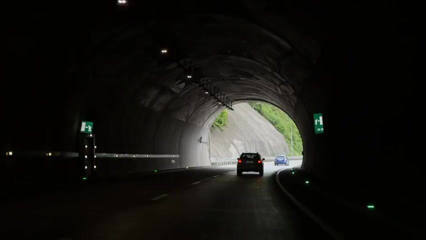The video shows a car driving out of a tunnel. The tunnel is arched and made of concrete. There are lights on the ceiling of the tunnel and reflectors along the walls. Outside the tunnel, there is a two-lane highway with a guardrail on the side. There are green trees and a gray cliff on the other side of the guardrail. There are two cars ahead of the camera car. The weather is overcast. A sign indicates the end of a speed restriction.