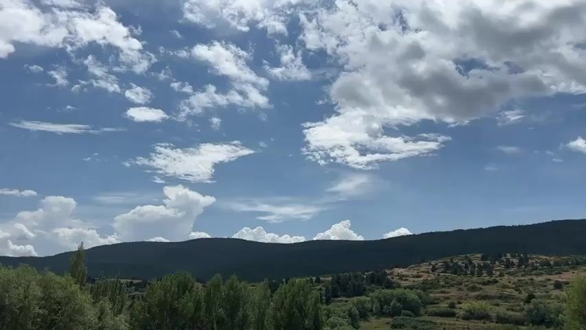 The video shows a wide shot of a vast landscape under a cloudy sky. In the foreground, there are trees with green foliage. The middle ground features rolling hills covered in a mix of green grass and scattered trees. In the background, a large, dark green forested hill stretches across the horizon. The sky is a bright blue, dotted with various types of clouds, from small, scattered white ones to larger, cumulonimbus formations that appear to be building on the left side of the frame. The lighting suggests it is daytime.