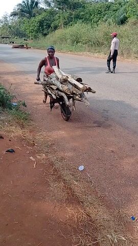 The video shows a woman pushing a wheelbarrow full of firewood along a paved road. The wheelbarrow has a single wheel with a red accent. The wood appears to be rough, unrefined pieces. The woman wears a pink top, patterned skirt, and sandals. Another person, wearing light colored shirt and dark pants, walks ahead on the same road. The road is bordered by vegetation on both sides. A blue pickup truck drives by later. The ground beside the road is reddish-brown with dry grass and some trash. The video is shaky and from a low angle.