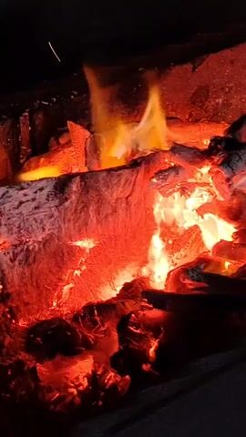 The video shows a close-up view of a burning fire. Logs and embers glow with intense red and orange heat, with flames flickering and dancing above. The scene is dark, with the fire being the sole source of light. There is no visible interaction or action depicted, beyond the natural process of burning. The environment appears to be a hearth or fireplace. The audio contains a voice speaking in Russian, but it is not synchronized with any specific visual element. The content of the speech appears to be personal and philosophical, touching on themes of love, family, and peace.