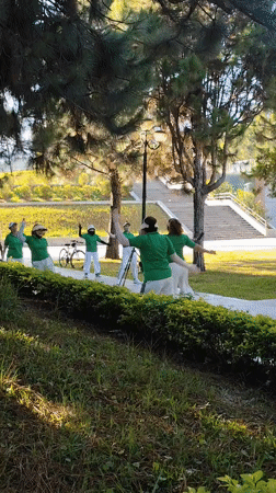 Group performs synchronized outdoor exercise routine in Da Lat park