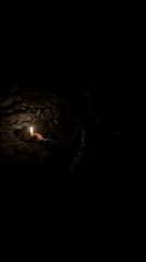 Person holds candle near stone wall in darkness
