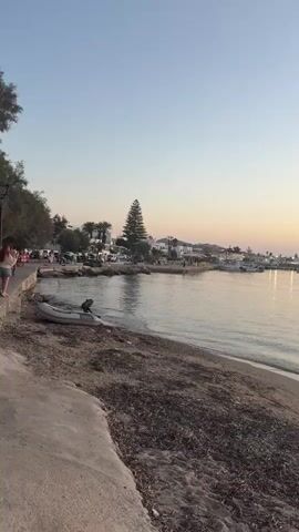 A video clip shows a beach and a harbor at sunset. The sky is clear and fades from blue to orange. The water is calm and reflects the sky. Boats are docked in the harbor, and some are visible on the water. On the beach, there are some rocks and seaweed. A person walks along the shore in the background.