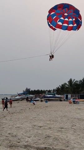 The scene is a beach under an overcast sky.  In the foreground, a sandy beach is populated with people, some walking and others standing around.  Further back, several boats are parked or staged on the beach, interspersed with palm trees.  Dominating the upper part of the scene is a large, multi-colored parachute being used in a parasailing activity.  Two people are suspended beneath the parachute, seemingly in the middle of their parasailing experience.  A thin cable stretches from the parachute toward an unseen anchor point, possibly a boat out of frame.