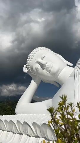 A close-up, low-angle shot shows the head and upper body of a large, white, reclining Buddha statue. The statue is white and has intricate detailing on the head, which is resting on its arm. The background features a dramatic sky with dark, stormy clouds on the left and a patch of bright blue sky on the right. Green foliage is visible in the foreground, partially obscuring the bottom right corner of the statue. The lighting is somewhat dramatic, with the white of the statue contrasting sharply with the dark clouds. The overall mood is one of serene contemplation against a potentially turbulent backdrop.