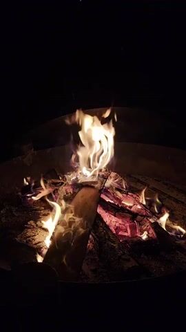 This is a close-up, low-angle shot of a campfire at night. The flames are bright yellow and orange, flickering and dancing in the darkness. The fire pit is made of metal and filled with wood and glowing embers. The scene is dark and atmospheric, with the fire providing the only source of light. The video captures the raw, primal energy of the flames, highlighting the beauty and danger of fire.