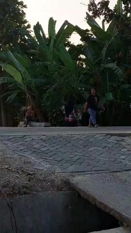 The video shows a group of people standing near a road lined with banana trees. In the foreground, there is a paved area with a drainage ditch. On the road, there are several individuals. On the left side, a person is sitting down. In the middle, a person in a headscarf and a child are standing, and further to the right, a person is standing and walking. The lighting suggests it is daytime, possibly late afternoon or early morning.