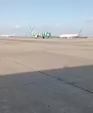 The video shows a wide shot of three airplanes on a concrete airport runway under a clear, blue sky. The central airplane is most prominent, distinguished by its unique white and green striped design covering the entire body of the plane. Two additional planes, both white, are positioned on either side of the striped aircraft, appearing further away. The concrete runway has visible lines and slight tonal variations, and the view includes a shadowed area at the bottom of the frame, suggesting the camera is positioned under an overhang. The entire scene appears to be captured in daylight, with a focus on aviation infrastructure in an open environment.