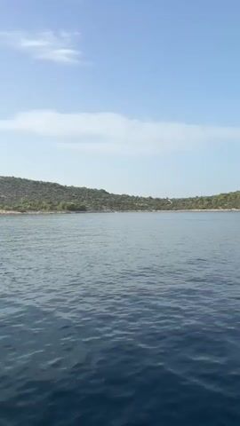 The video shows a body of water with a distant, tree-covered coastline. The water is a deep blue and has small ripples. The sky is clear with a few faint clouds. There is a small white boat visible on the water near the coast. The vegetation on the coastline appears to be scrubby trees and bushes. The lighting suggests it is daytime, likely sunny.
