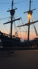 Golden Hinde replica docked at Great Yarmouth at dusk